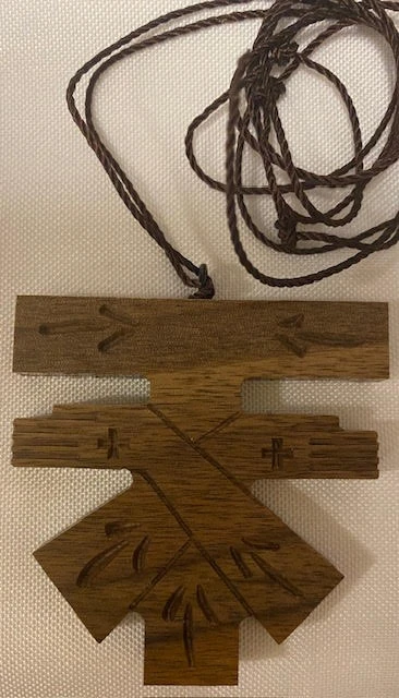 Handcrafted Walnut Wood Crossed Arms Tau Cross Franciscan Crest with Embellishments on 36" knotted cord - Straight Top