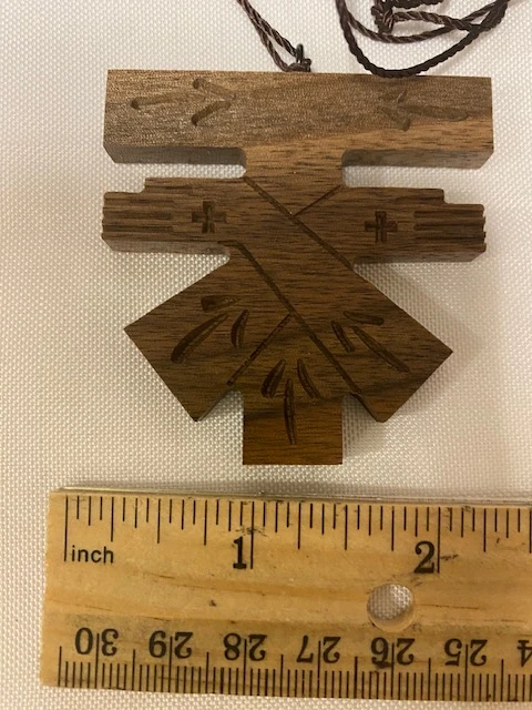 Handcrafted Walnut Wood Crossed Arms Tau Cross Franciscan Crest with Embellishments on 36" knotted cord - Straight Top