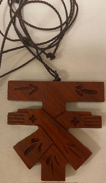Handcrafted Padauk Wood Crossed Arms Tau Cross Franciscan Crest with Embellishments on 36" knotted cord - Straight Top