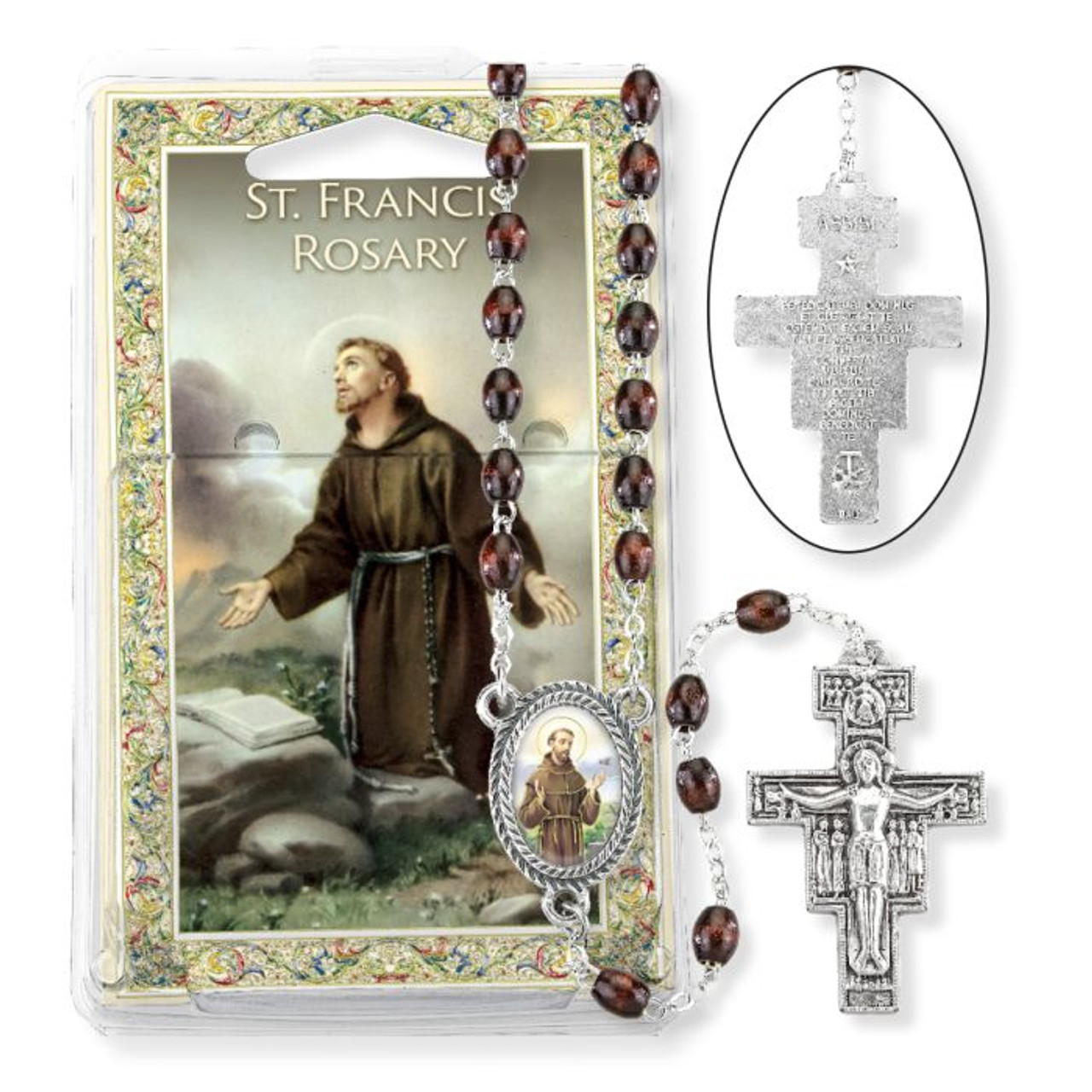 Brown Wood Bead Saint Francis 7 Decade Specialty Rosary - Boxed