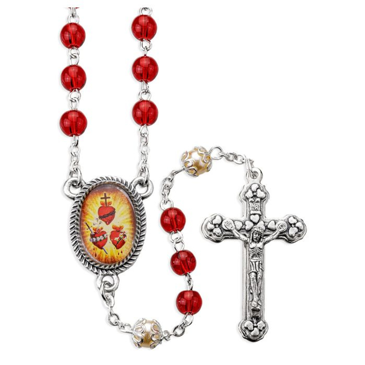 JMJ Three Hearts Rosary in 6mm Round Blass Ruby Beads with JMJ Hearts Centerpiece.