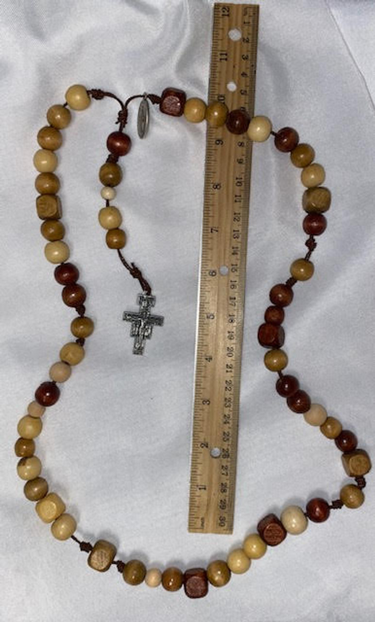 Double Cord - Super Strong Large Wood Bead Rosary with San Damiano Crucifix and St. Francis/St. Anthony Medal