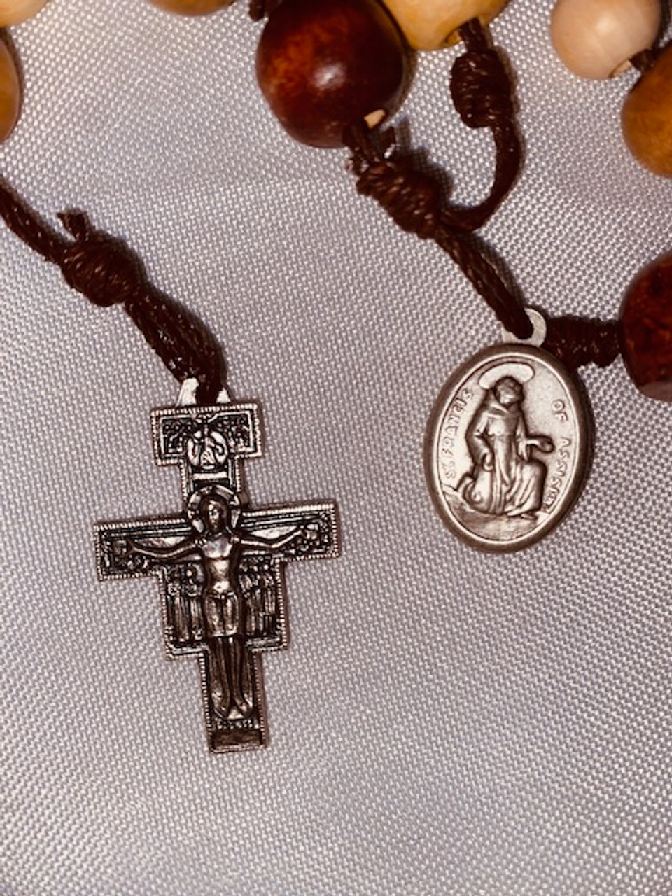 Double Cord - Super Strong Large Wood Bead Rosary with San Damiano Crucifix and St. Francis/St. Anthony Medal