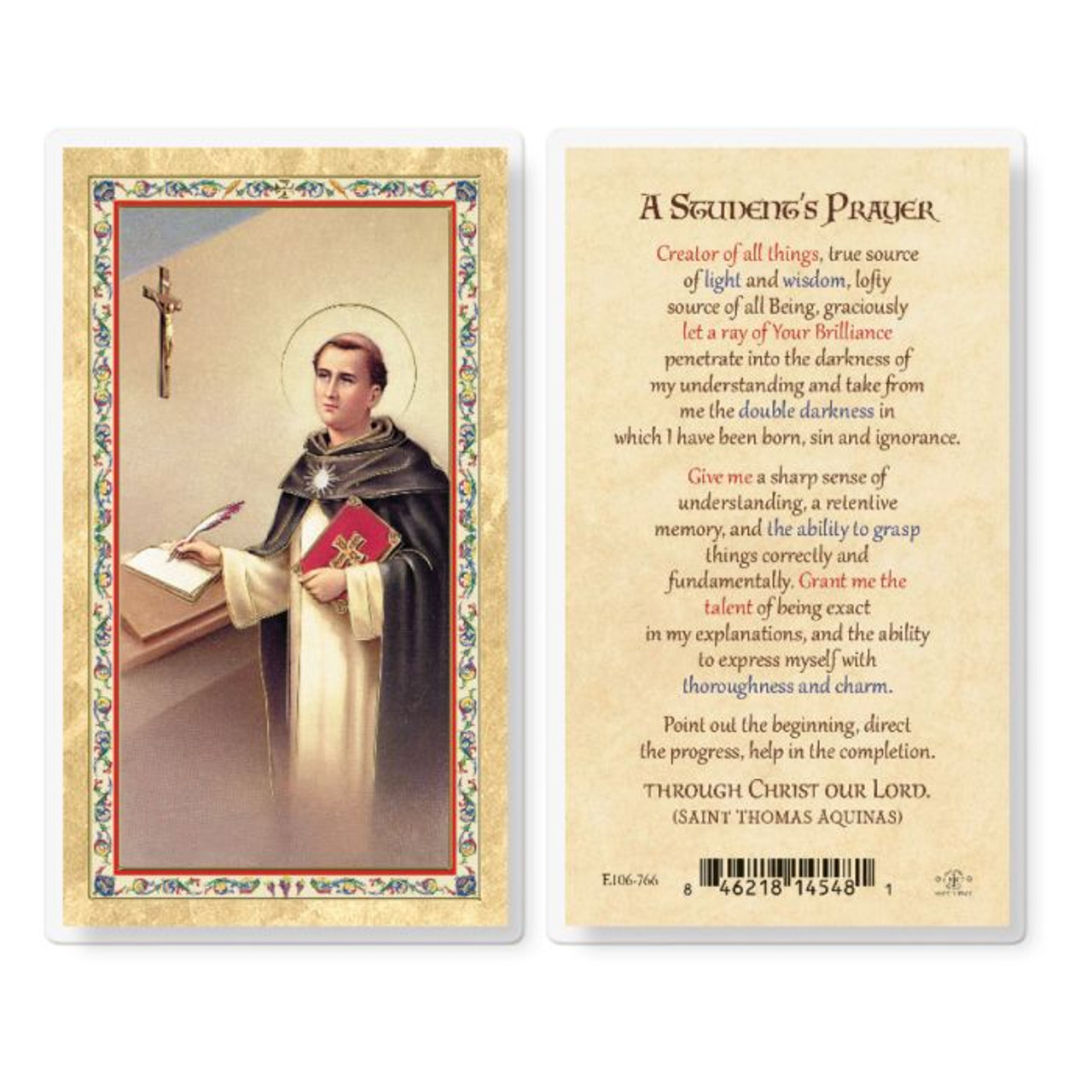 Students Prayer - St. Thomas Laminated Holy Card