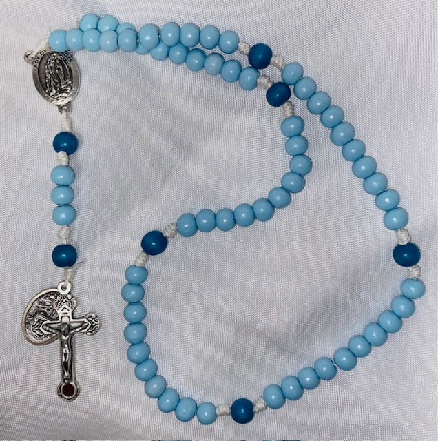 Our Lady of Lourdes Six Decade Purgatory Wood Bead Rosary. St. Bernadette Medal with Holy Land Soil of Jerusalem Crucifix