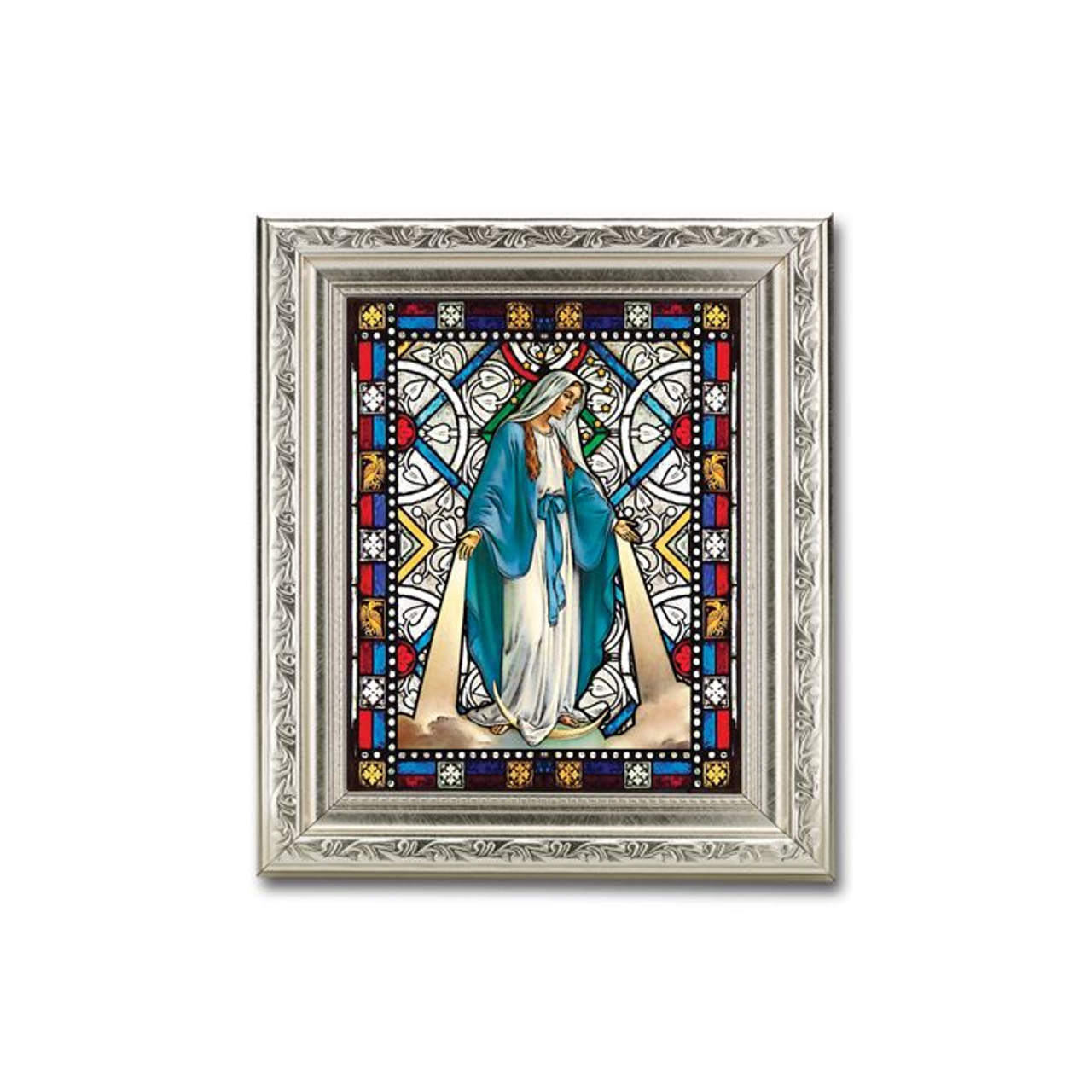 Silver Ornate Frame with a 6" x 8" Our Lady of Grace Textured Glass Artwork ( SG863-200)
