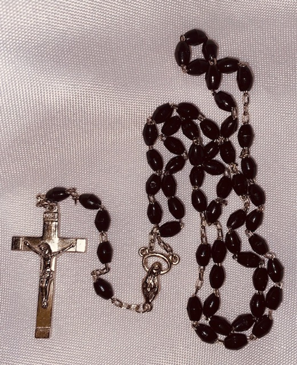 Silver-tone Black Plastic Bead Rosary