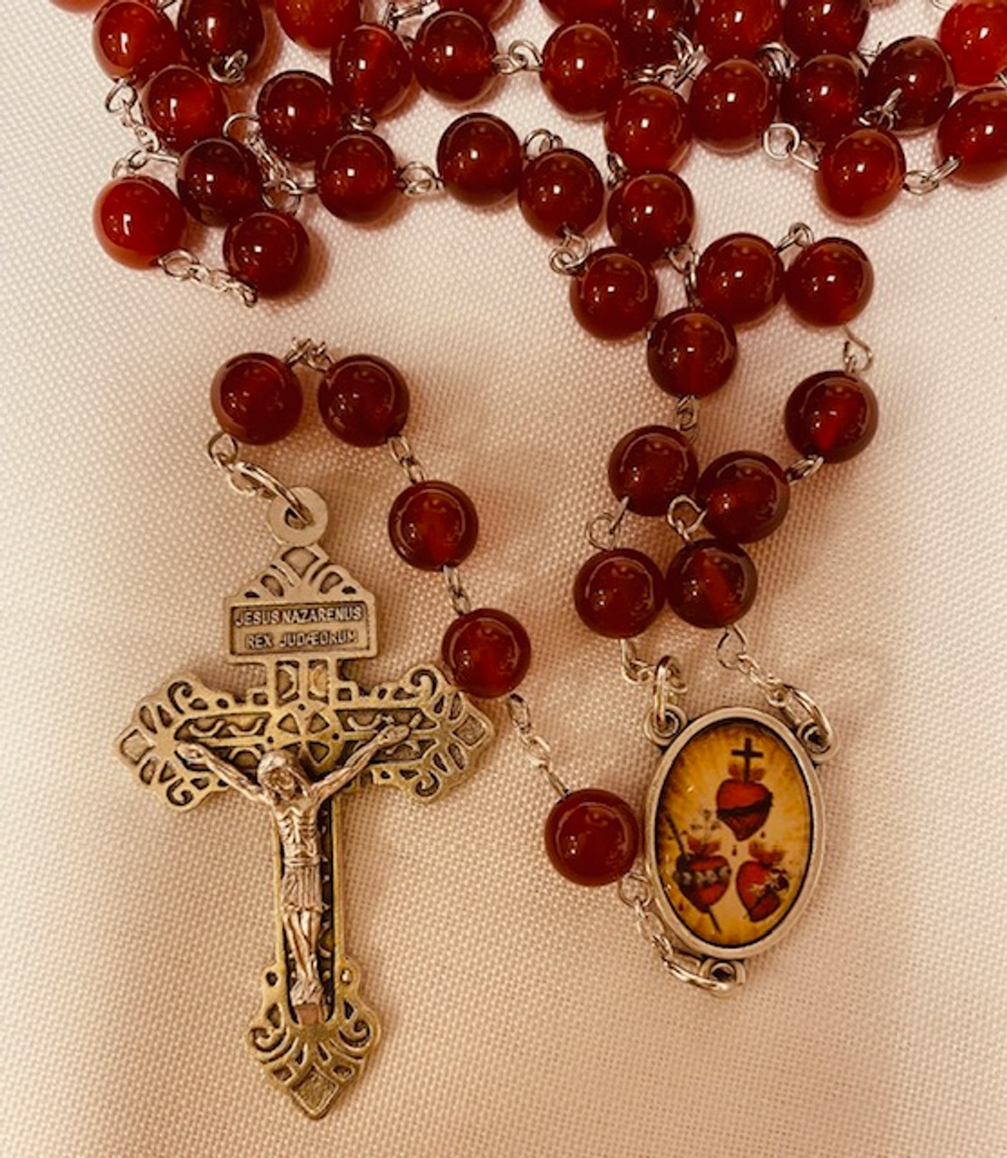 Handcrafted Rosary with Genuine Carnelian Beads and 3 Hearts Centerpiece/Pardon Crucifix