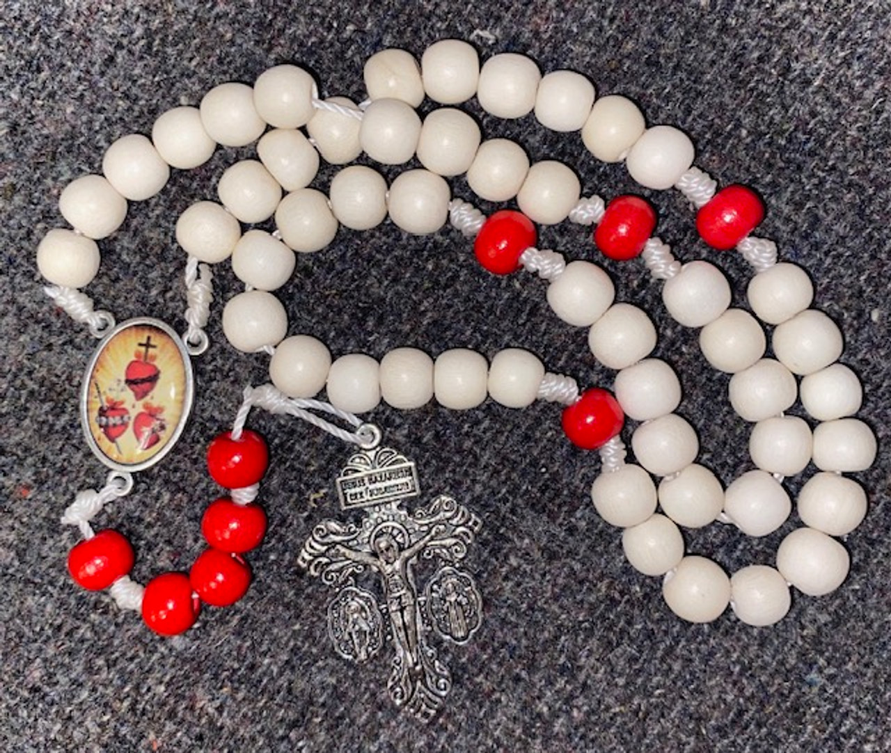 Lovely Handcrafted 3 Hearts Rosary - Red/White Wood Beads With Pardon Crucifix on Strong White Cord
