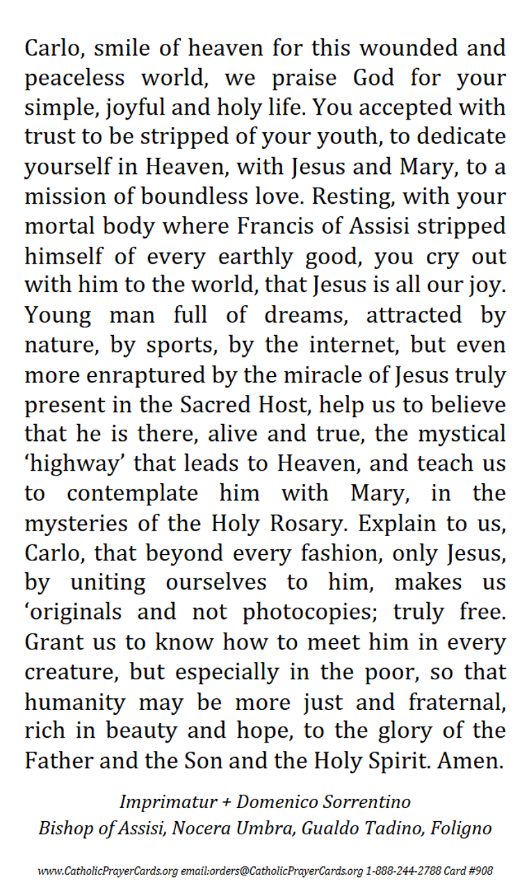 Saint Carlo Acutis Canonization Prayer Card
