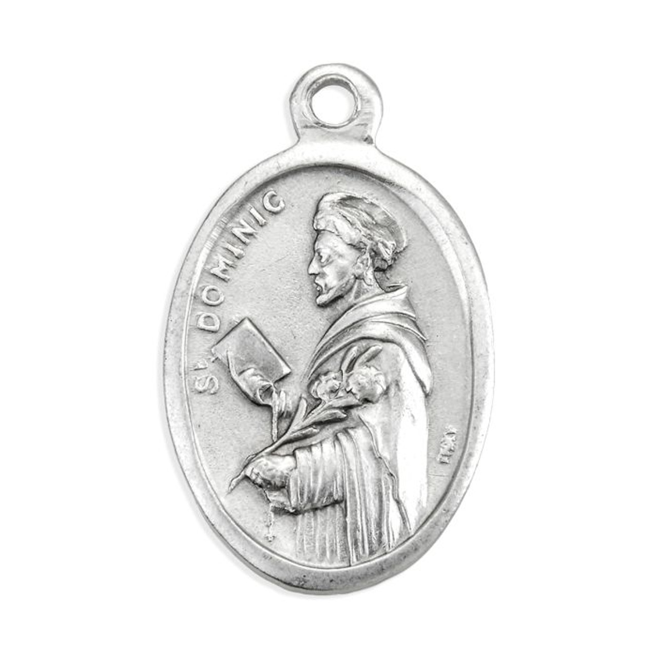 1" Oval Antiqued Silver Oxidized Saint Dominic and Our Lady of the Rosary Medal
