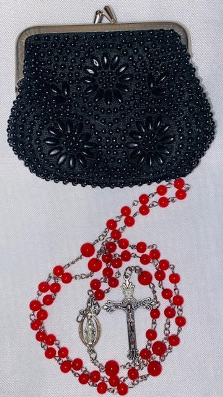 Red Plastic Bead Rosary with Vintage Beaded Rosary Bag