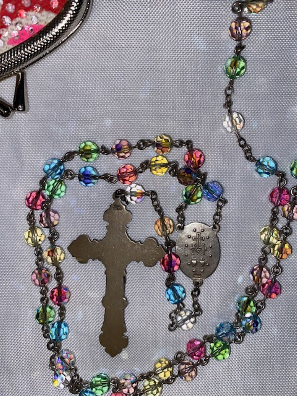 Stunning Vintage Glass Bead Rosary with Sterling Silver Crucifix & Miraculous Medal Centerpiece