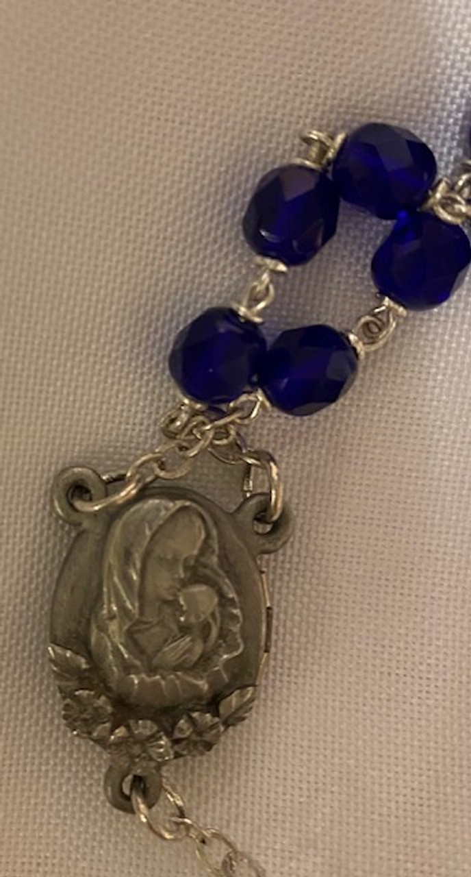 Rare Find! Vintage Locket Rosary - Beautiful Dark Blue Beads - Comes in Red Velvet Drawstring Bag