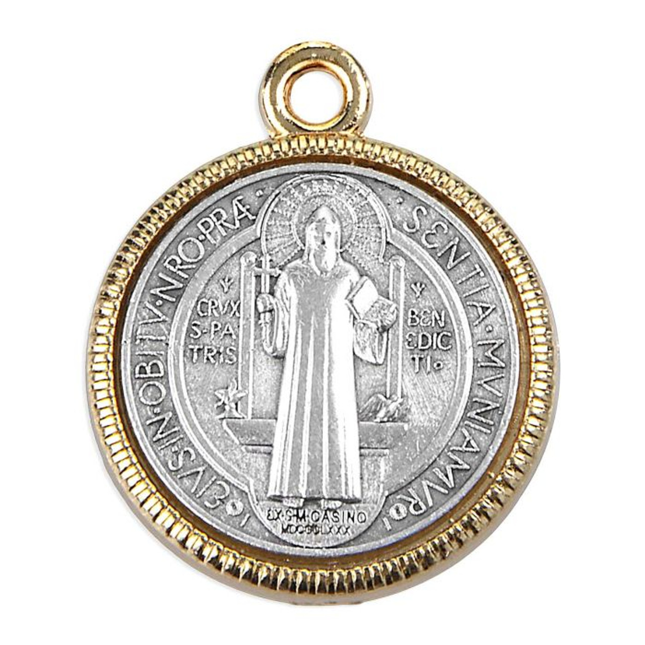 Antiqued Silver Oxidized St. Benedict Jubilee Medal Inlay with a Gold Tone Rim Frame.