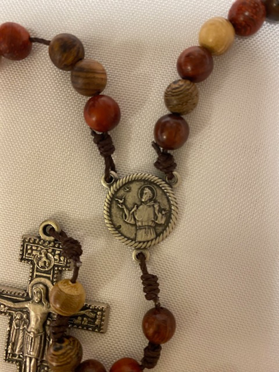 St. Francis Rosary with San Damiano Cross - Rosewood Beads with lovely scent - includes gift bag