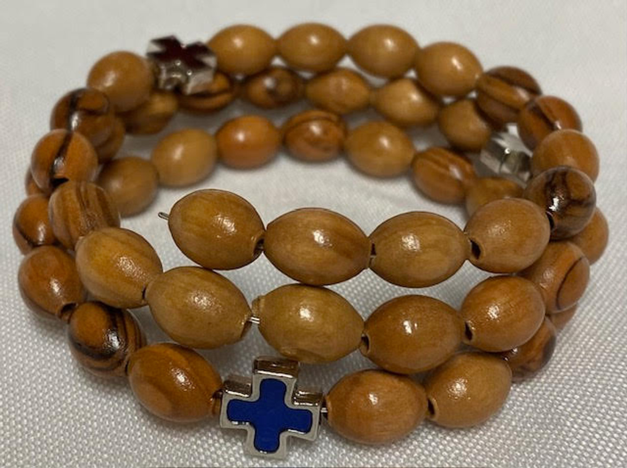 Holy Land Olive Wood Wrap Bracelet with Medal/Enamel Crosses