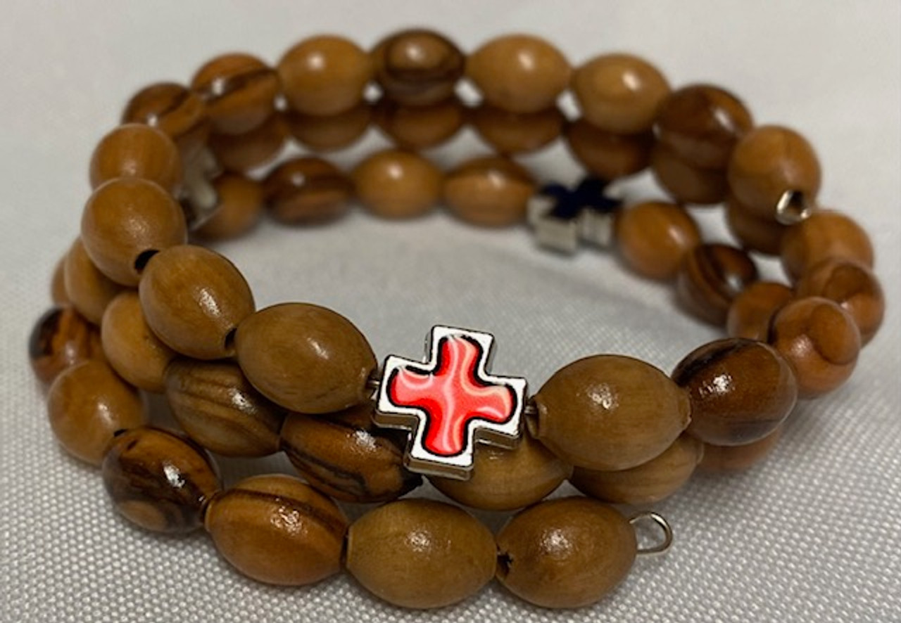 Holy Land Olive Wood Wrap Bracelet with Medal/Enamel Crosses