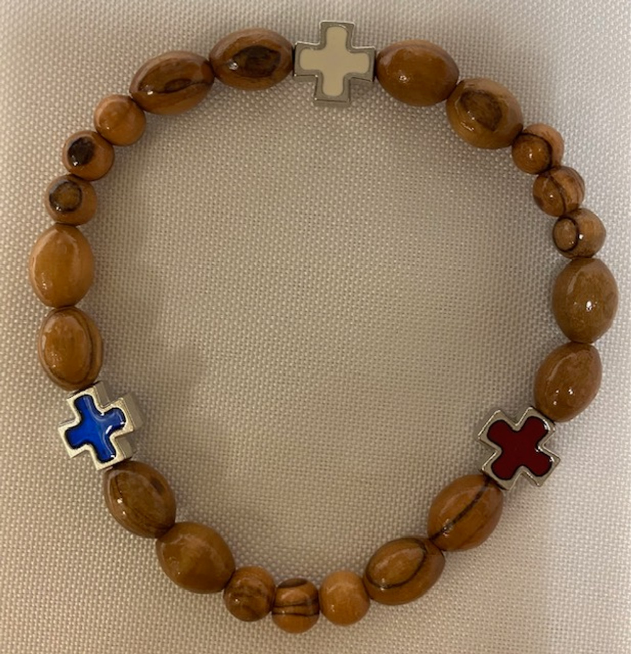 Olive Wood Bead  Stretch Bracelet with 3 Crosses from Holy Land Olive Wood Bead  Stretch Bracelet with 3 Crosses from Holy Land
