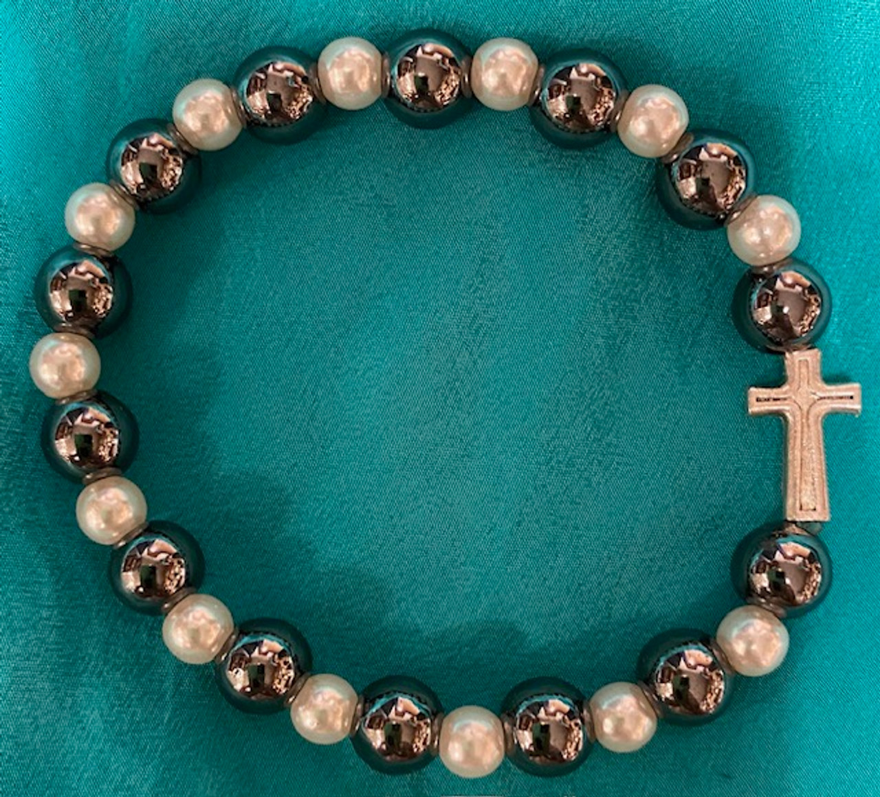 Hematite & 'Pearl' Bead Stretch Bracelet with Cross from Holy Land - one size fits most Hematite & 'Pearl' Bead Stretch Bracelet with Cross from Holy Land - one size fits most