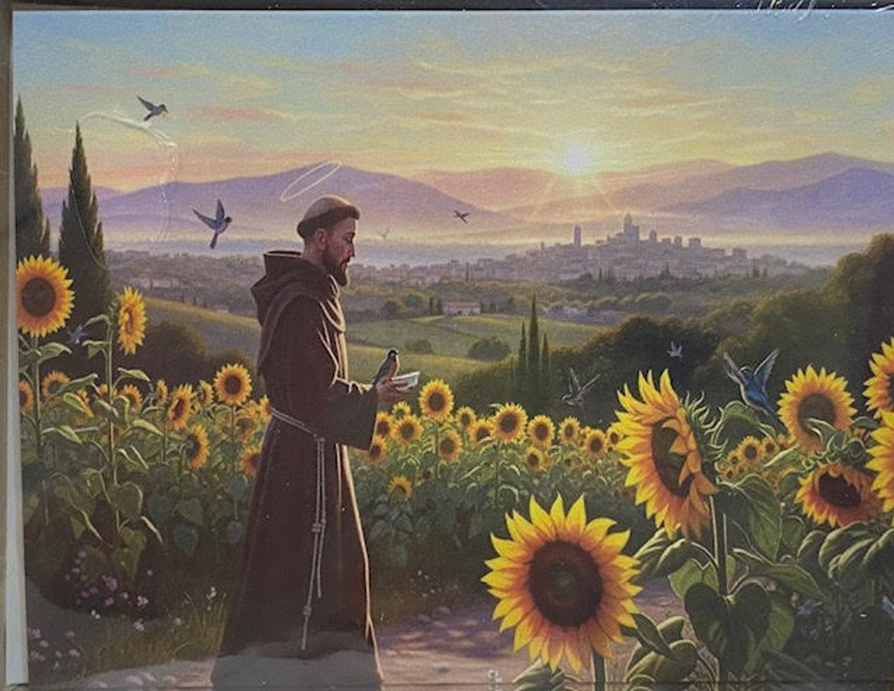 St. Francis in a Sunflower Garden10 blank note cards and 10 linen envelopes in a recycled box
