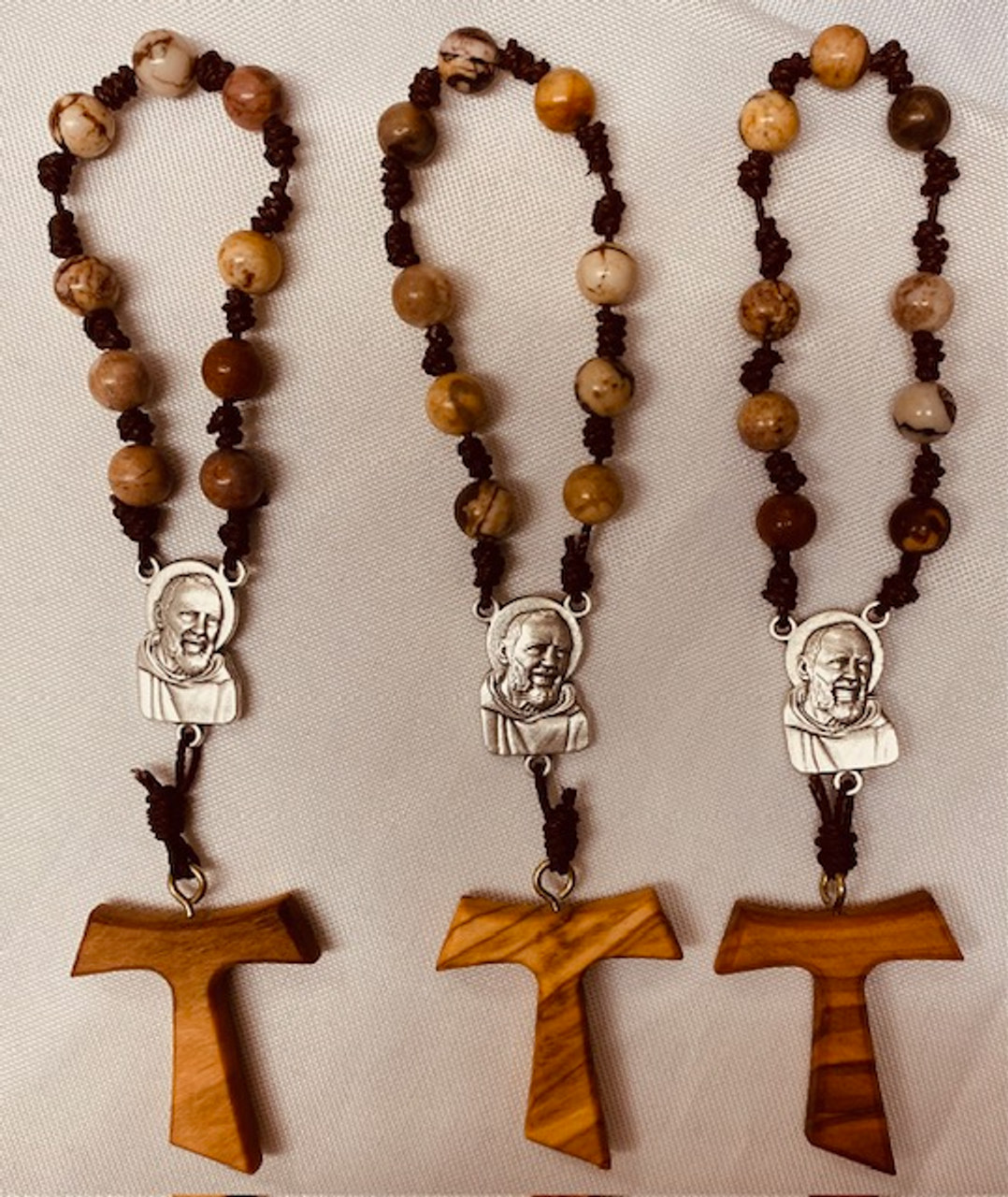 9 Bead St. Padre Pio Chaplet with Zebra Jasper Beads & Italian Olive Wood Tau