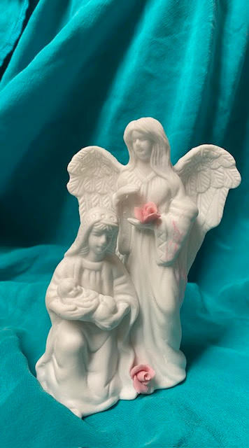 Vintage Autom Figurine - White Bisque Ceramic Angel With Virgin & Child with Pink Rose - Color Defect Please see picture