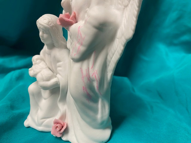 Vintage Autom Figurine - White Bisque Ceramic Angel With Virgin & Child with Pink Rose - Color Defect Please see picture