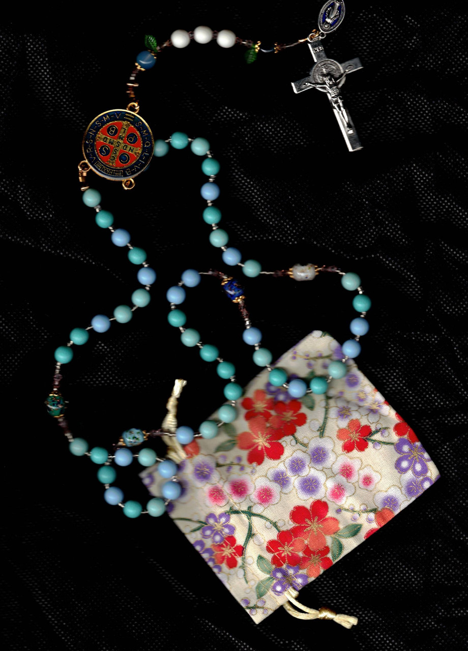 Benedictine Medal Rosary with Case --Handcrafted - Blues and Greens