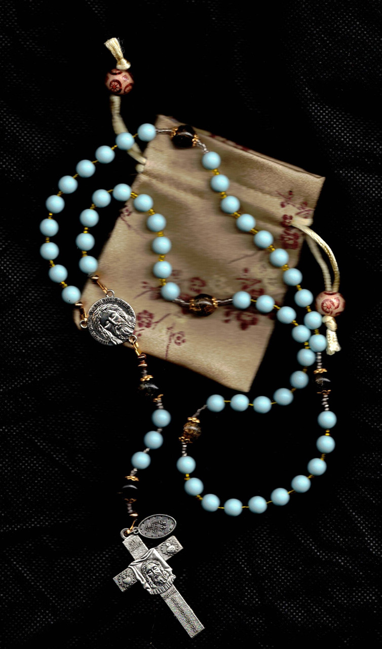Exquisite Blue Eggshell Rosary with Holy Face of Jesus Crucifix and Miraculous Medal 