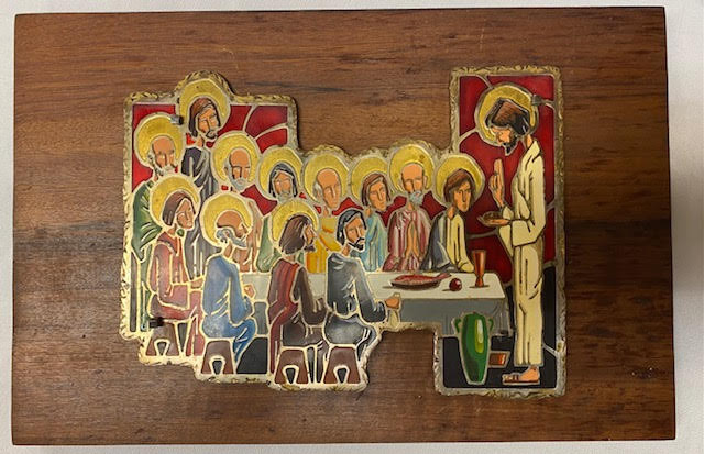 Unique Find!  Vintage Last Supper Wall Plaque - Colorful Metal on Solid Wood