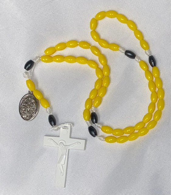 Plastic Yellow/Black Rosary with 4-way Medal