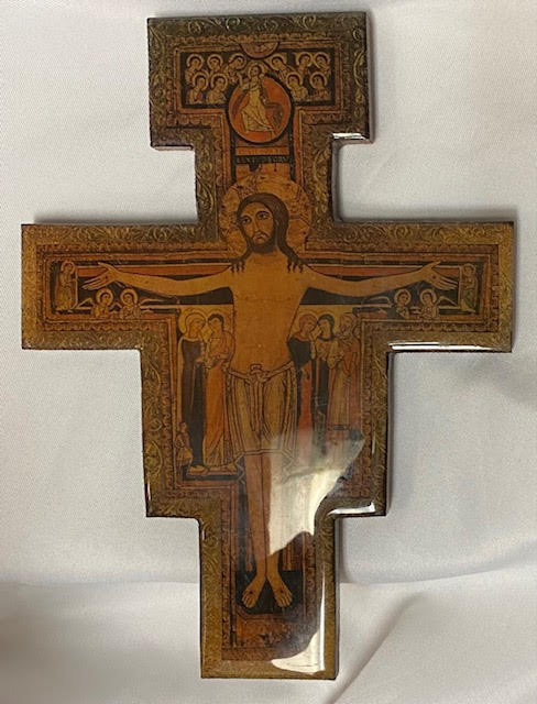 Unique Vintage 10" San Damiano Wall Cross - Epoxy Coating - Solid Wood