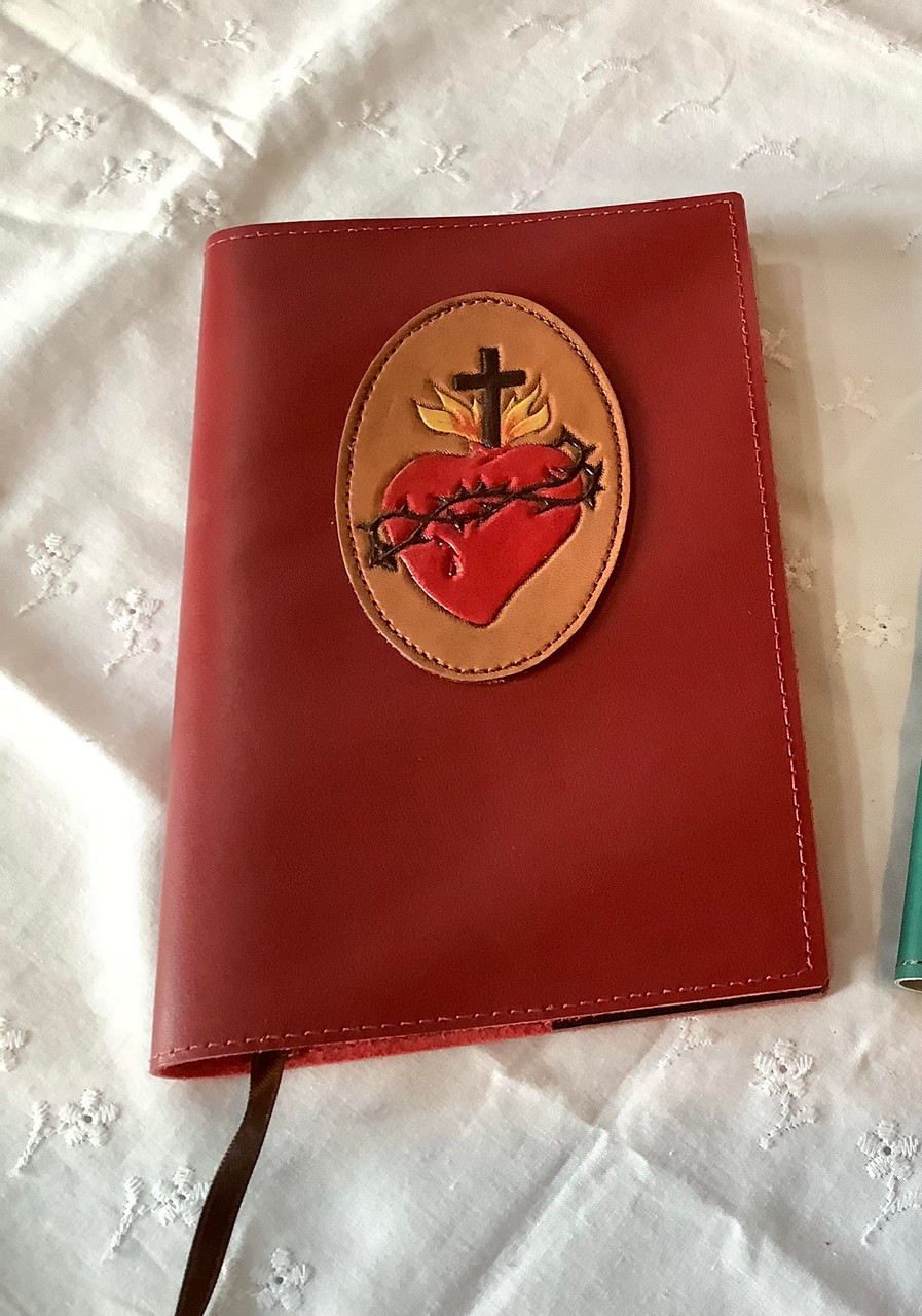 Handcrafted Leather Magnificat Cover -Large Print Size - -Red With Sacred Heart Image Hand Painted