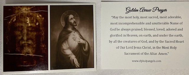 Golden Arrow Prayer Card with Shroud/Sacred Heart Image