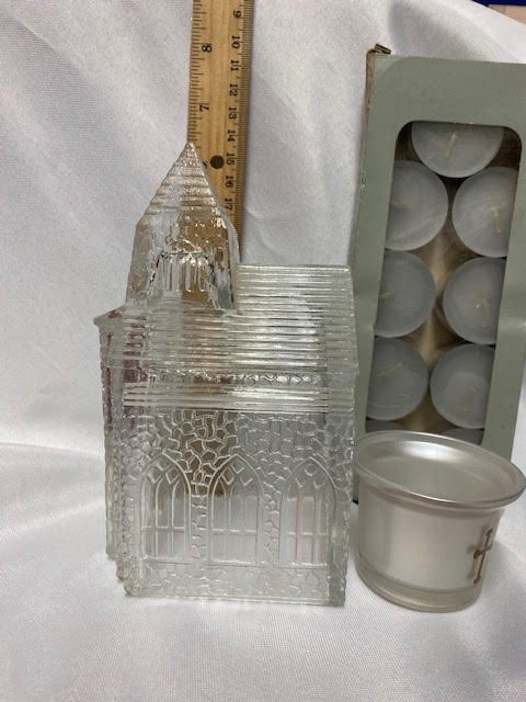 All Vintage!  Glass Church with Tea Light Holder & tea Lights