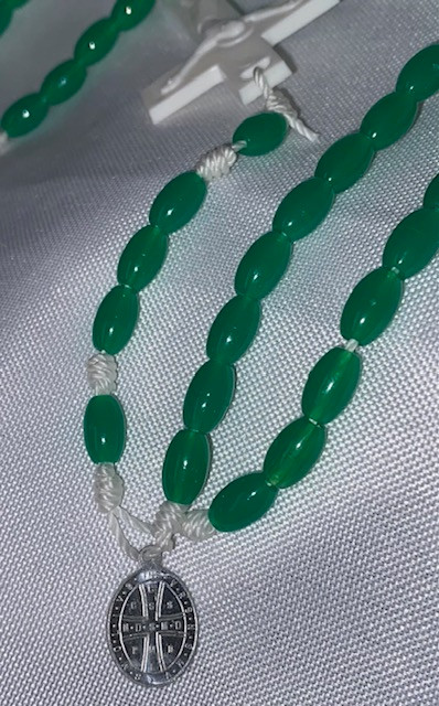 Green Plastic Rosary on Strong White Cord with St. Benedict Rosary