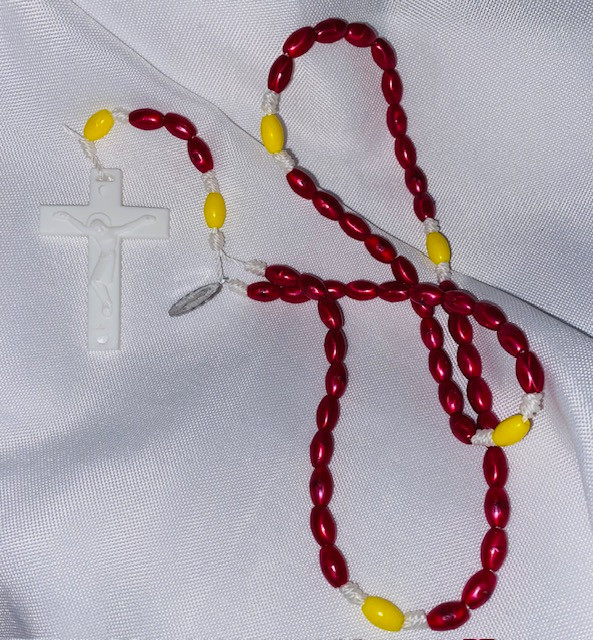 Red/Yellow Plastic Bead Rosary on Strong White Cord with St. Benedict Medal