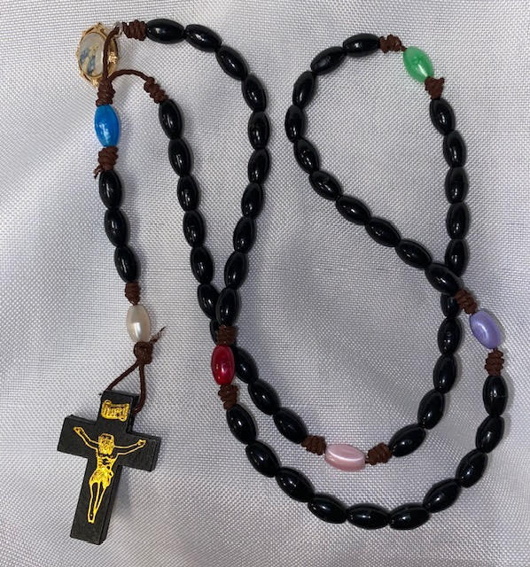 Plastic Bead/Wood Crucifix Rosary with Vintage Marian Medal on Strong Brown Cord