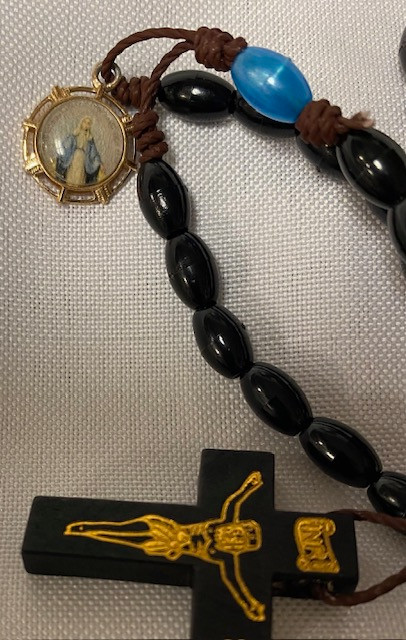 Plastic Bead/Wood Crucifix Rosary with Vintage Marian Medal on Strong Brown Cord