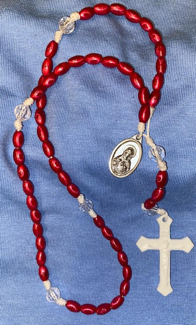 Deep Pink Plastic Bead Rosary with Sacred/Immaculate Heart Medal on Strong White Cord