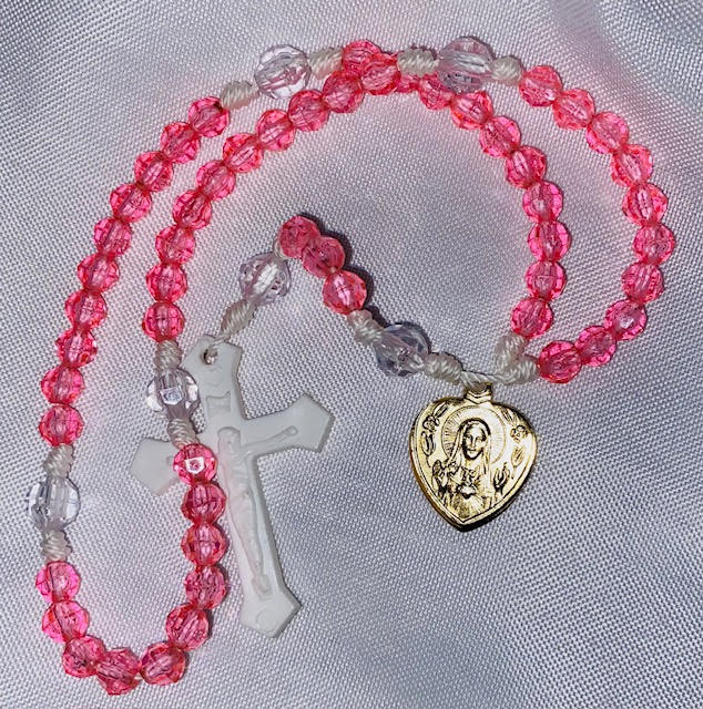 Pretty Pink Plastic Rosary with Heart-Shaped Sacred/Immaculate Heart Medal