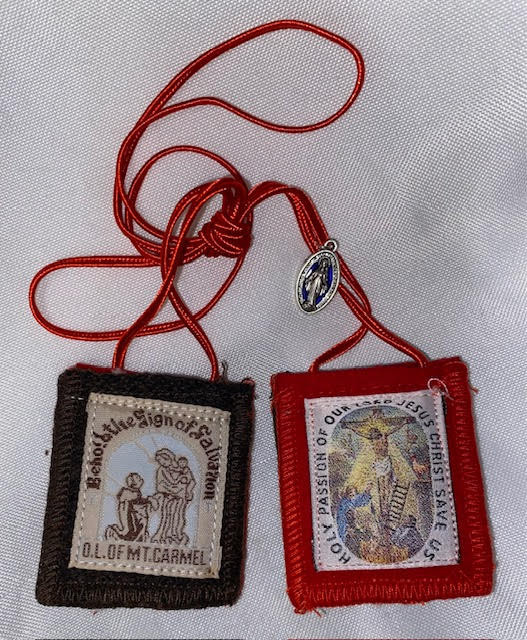 Beautifully Hand-Crafted Five Fold Scapular on Red Cord - Five Scapulars on One Cord with Miraculous Medal - Five of the Earliest Scapulars Approved by the Catholic Church