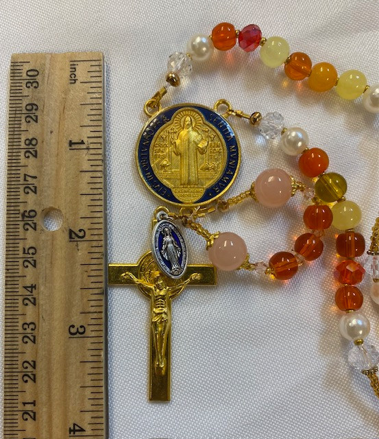 Stunning Handmade Rosary with "Velvet" Case - Gold-tone St. Benedict Centerpiece & Crucifix - Miraculous Medal