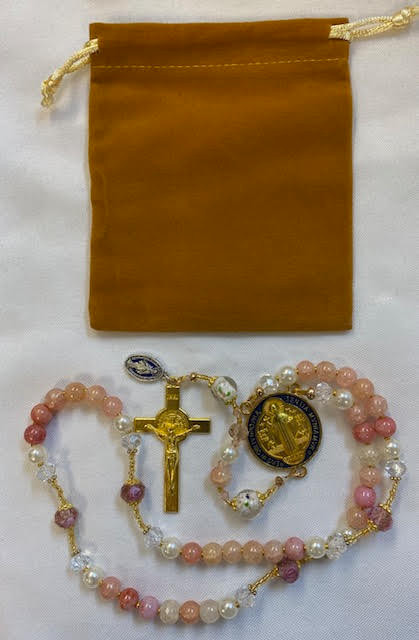 Stunning Handmade Rosary with "Velvet" Case - 1" Gold-tone St. Benedict Centerpiece & Crucifix - Miraculous Medal