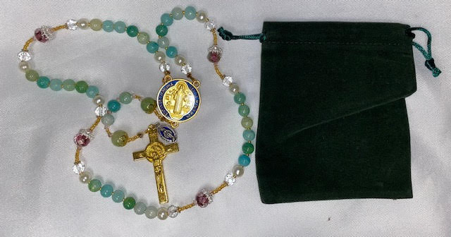 Beautiful Handmade Rosary with Velvet Case - 1" Gold-tone St. Benedict Centerpiece & Crucifix - Miraculous Medal