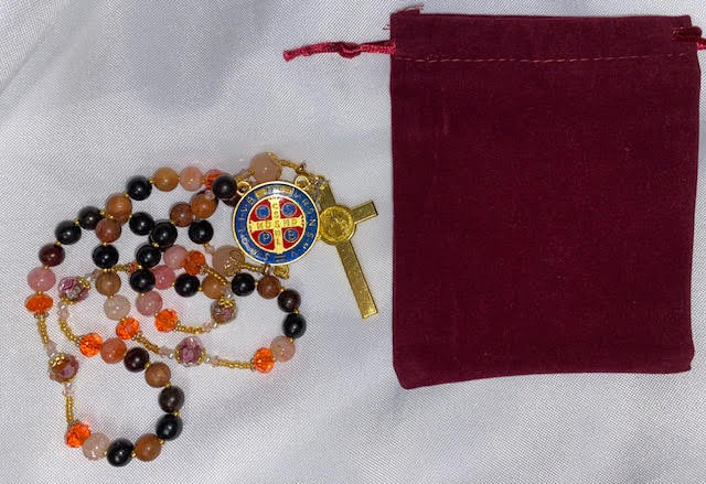 Handmade Rosary with Velvet Case - 1" Gold-tone St. Benedict Centerpiece & Crucifix - Miraculous Medal