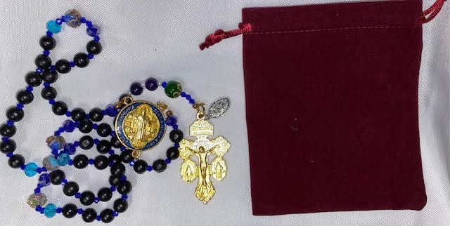 Stunning Handmade Rosary with Velvet Case - 1" Gold-tone St. Benedict Centerpiece & Pardon Crucifix - Miraculous Medal