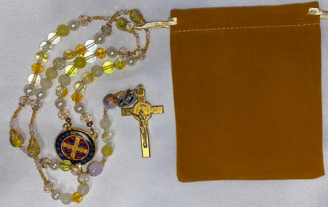 Beautiful Yellow tone  Handmade Rosary with Velvet Case - 1" Gold-tone St. Benedict Centerpiece & Crucifix - Miraculous Medal