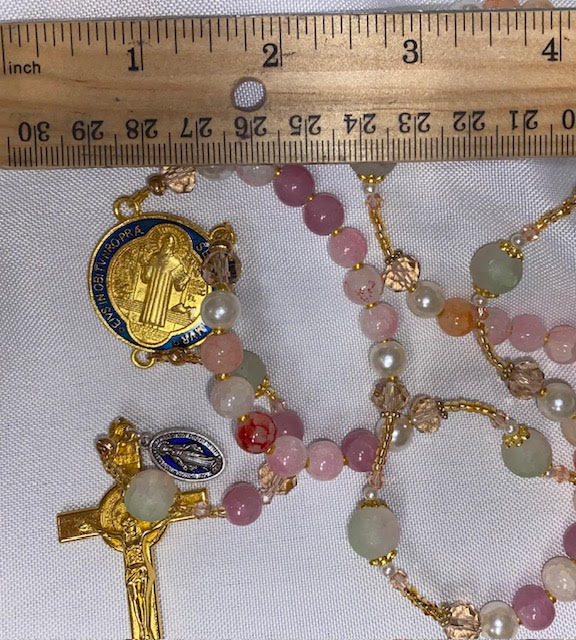 Beautiful Pink tones Handmade Rosary with Velvet Case - 1" Gold-tone St. Benedict Centerpiece & Crucifix - Miraculous Medal